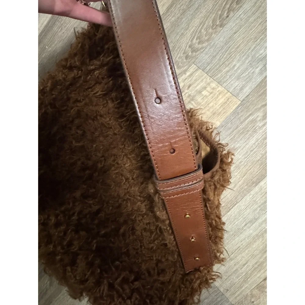Eric Javits Brown Faux Fur Hobo Bag Leather Trim Adjustable Strap Shoulder Bag